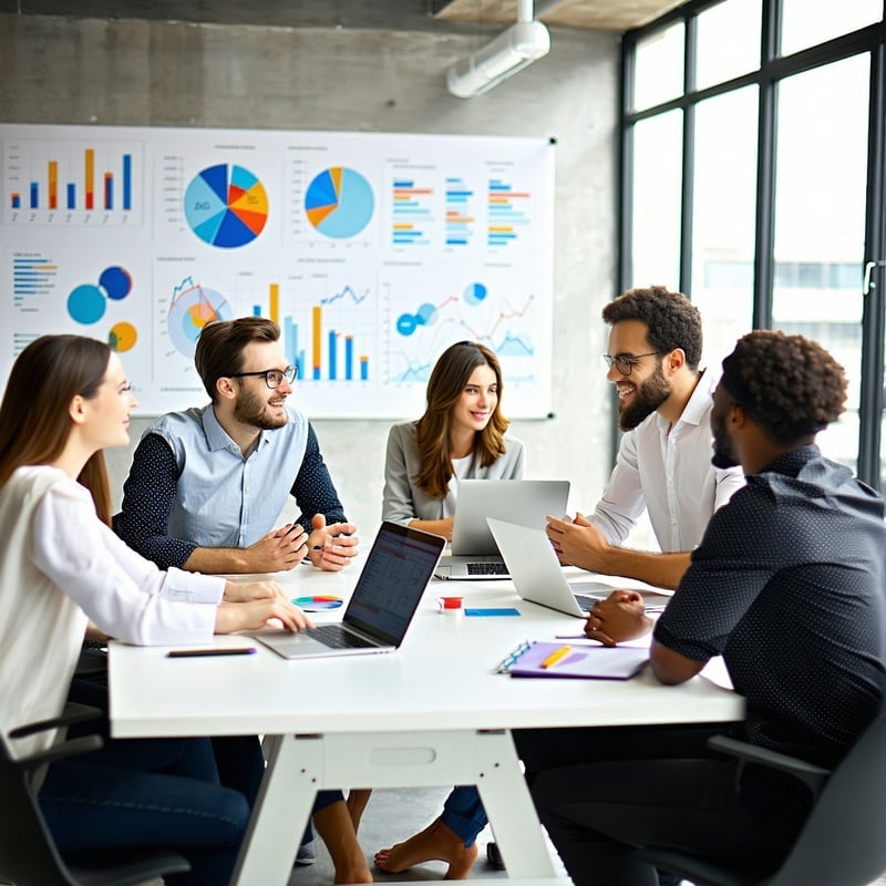 A group of six professionals is gathered around a large conference table in a modern office setting They are engaged in a dynamic discussion with some individuals leaning forward actively listening while others are gesturing as they speak A whiteboar