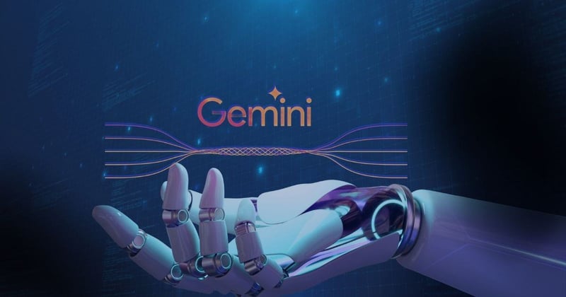 Robot's hand showing Google's Gemini service.