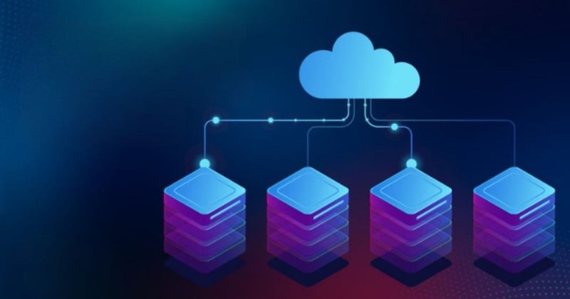 Four server stacks connected to a cloud icon