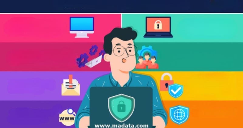 Cartoon man on lap top with cybersecurity tips around