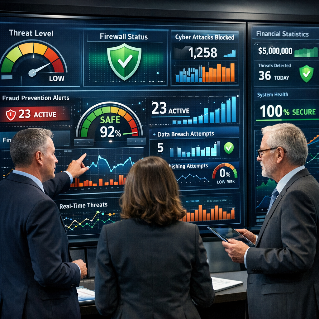 Executive Team Analyzing Security Metrics on Digital Dashboards